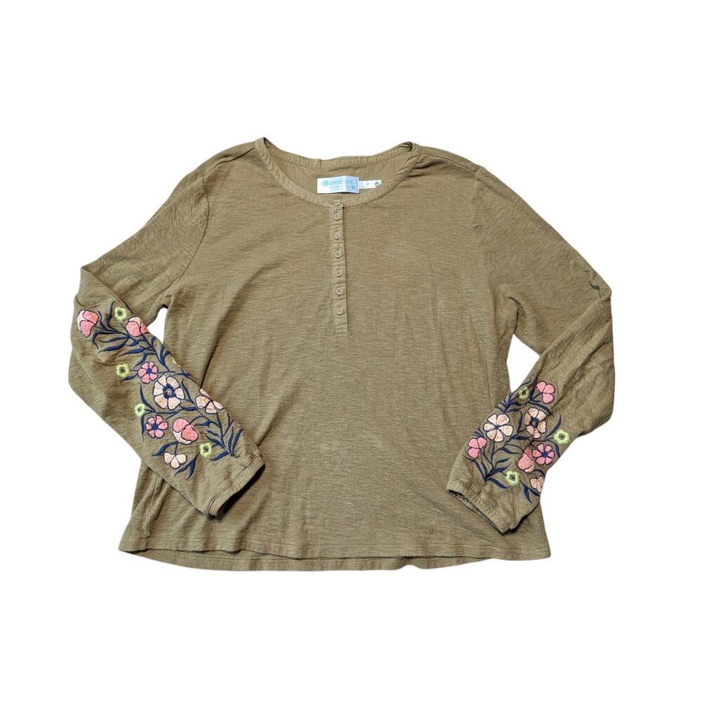 ADVENTURA Organic cotton, Embroidered floral sleeves, Olive green, size XL